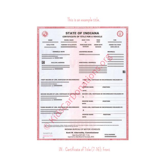 This is an Example of Indiana Certificate of Title (7-16) Front View | Kids Car Donations